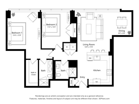 Floor plan for 2 beds, 2 baths, 1277 sqft